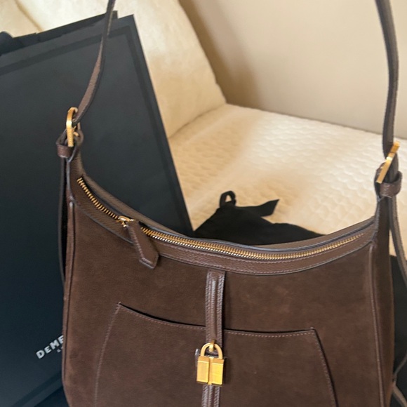 DeMellier Dark Brown Suede Hobo Shoulder Bag with Gold Padlock. Siena Hobo bag. - Picture 12 of 16